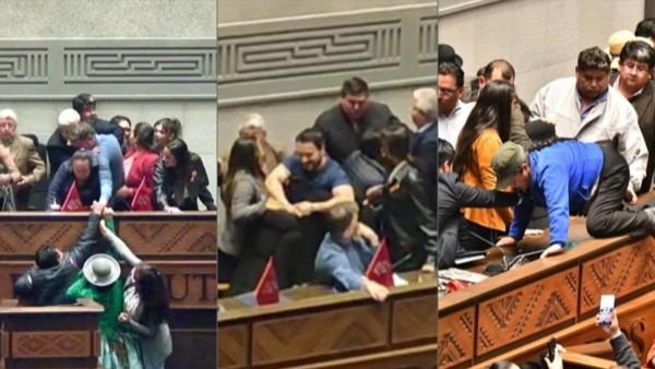 Personas involucradas en una confrontación dentro de un recinto.