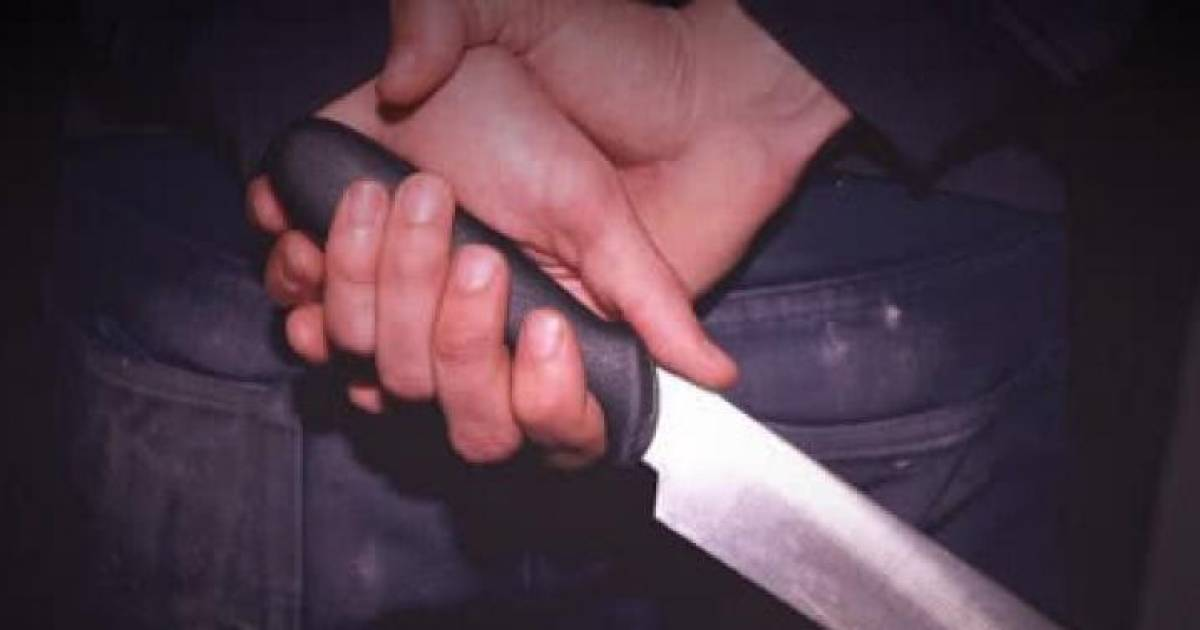 Manos sosteniendo un cuchillo grande con el filo hacia abajo.