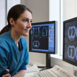 Una profesional de la salud observando imágenes médicas en dos monitores.