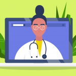 Ilustración de una profesional de la salud en la pantalla de un ordenador portátil.