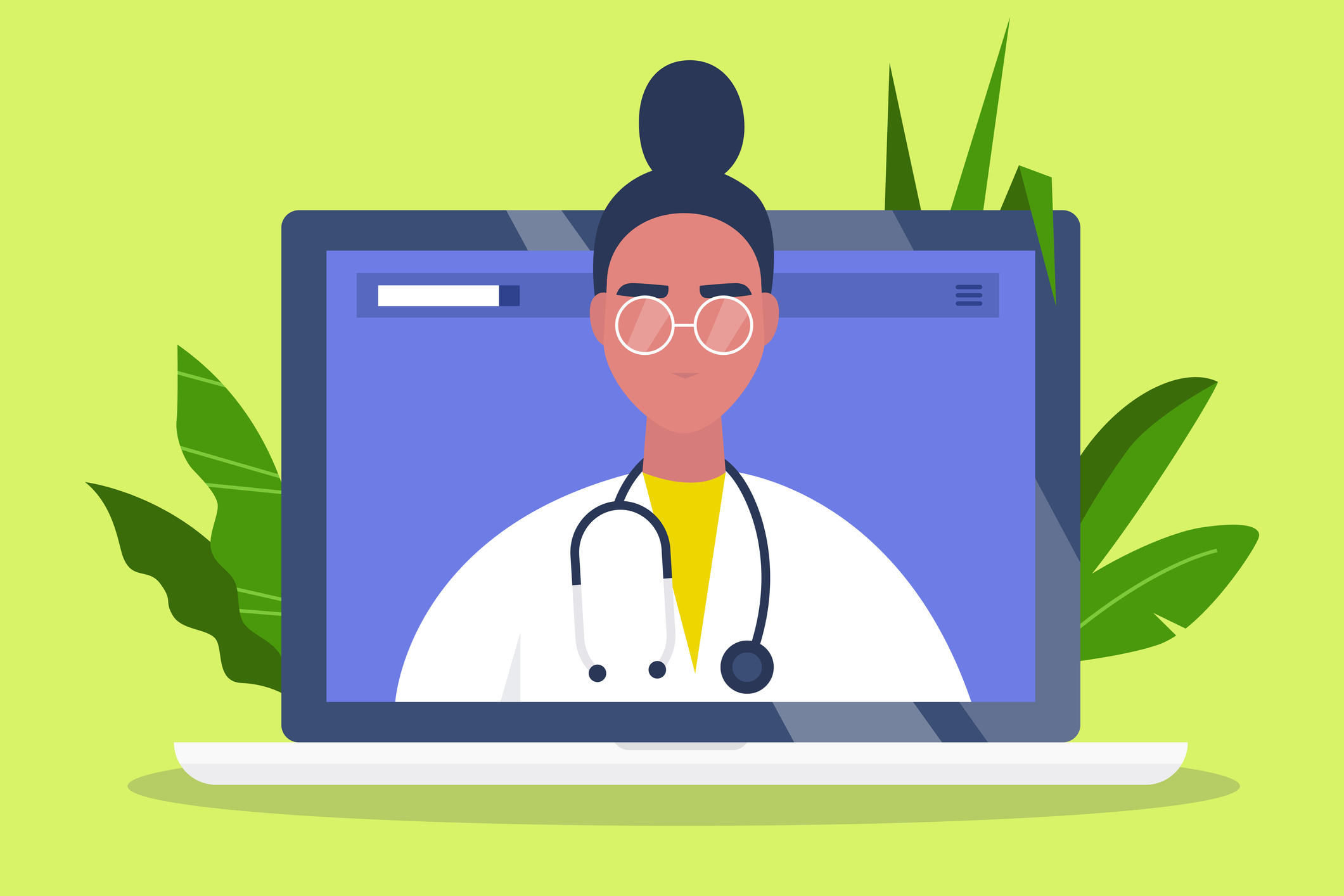 Ilustración de una profesional de la salud en la pantalla de un ordenador portátil.