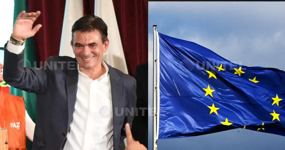El presidente Rodrigo Paz y una bandera de la Unión Europea