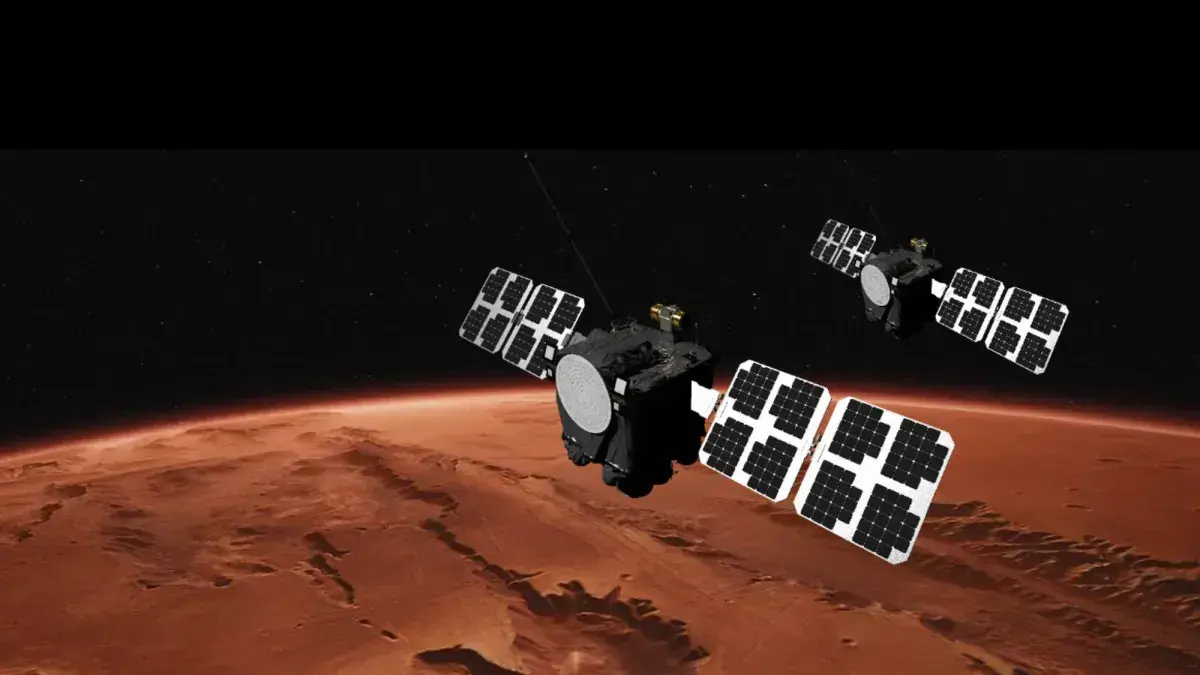 Representación artística de los satélites gemelos ESCAPADE en órbita marciana