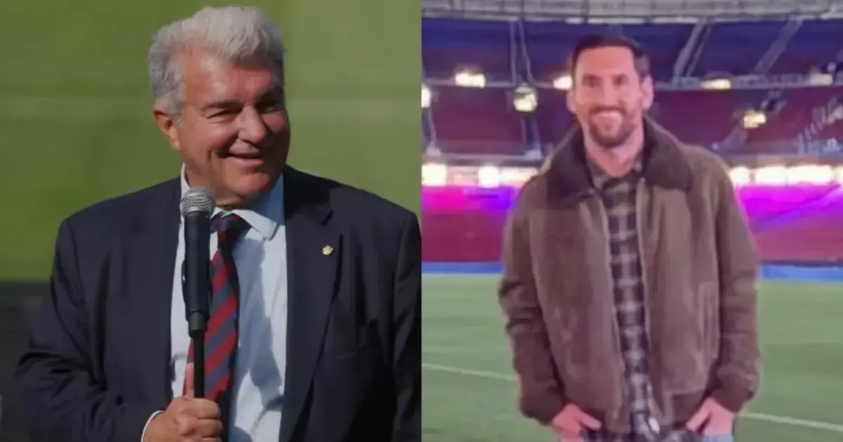 El presidente del club español, Joan Laporta (izq,) y Leo Messi en su visita al Camp Nou (der.)