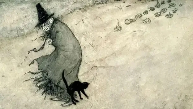 Ilustración de bruja con sombrero puntiagudo y capa negra