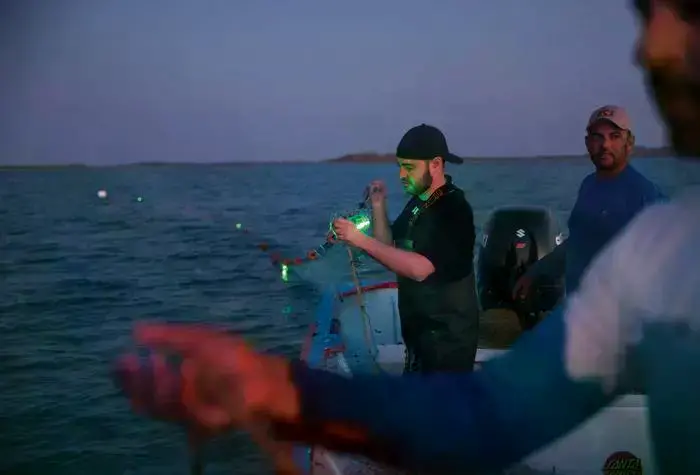 Investigador despliega una red de enmalle iluminada con energía solar en el Mar de Cortés.