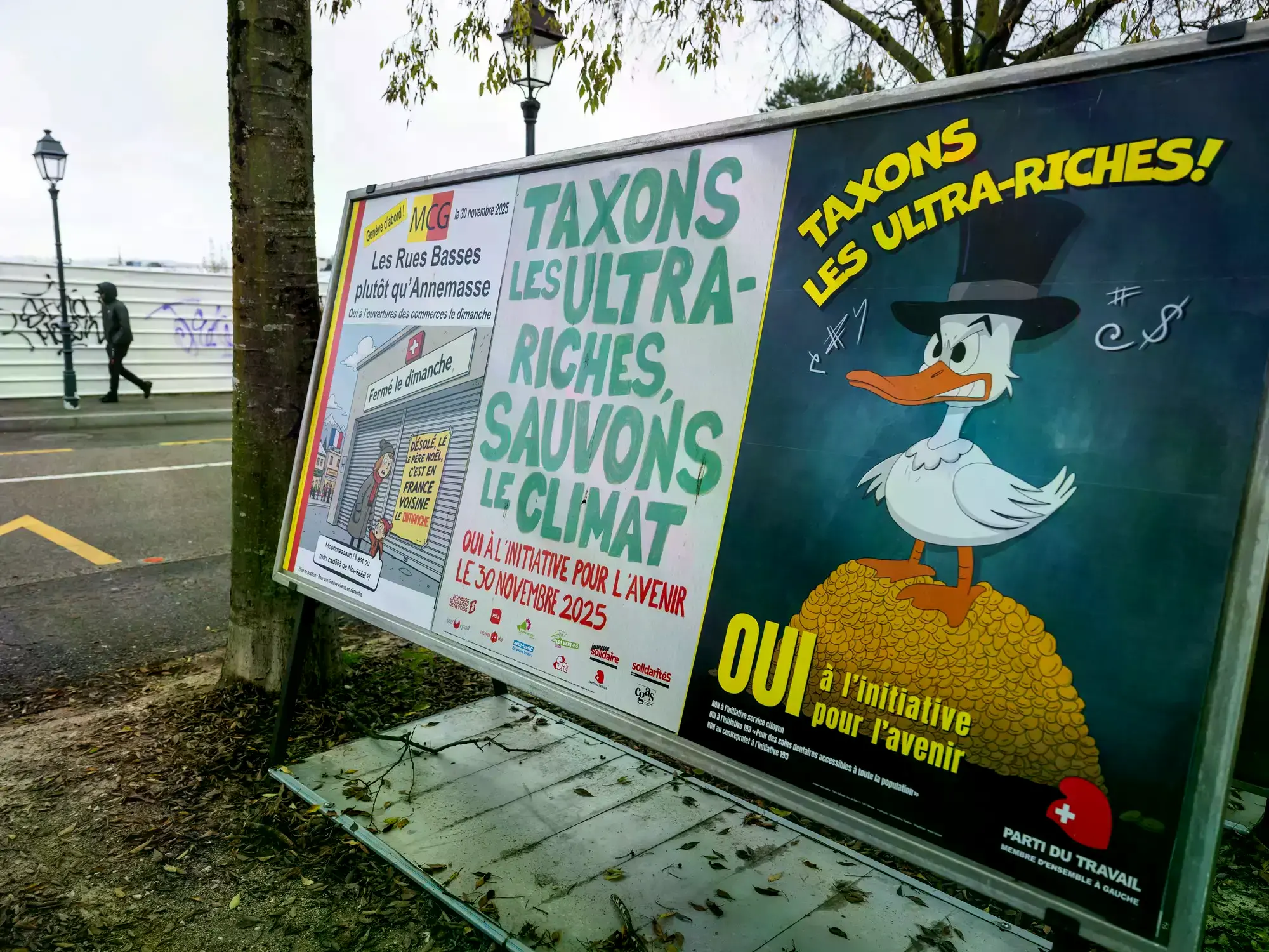 Un póster de campaña llamando a votar a favor de instaurar un impuesto a las grandes riquezas en Suiza.