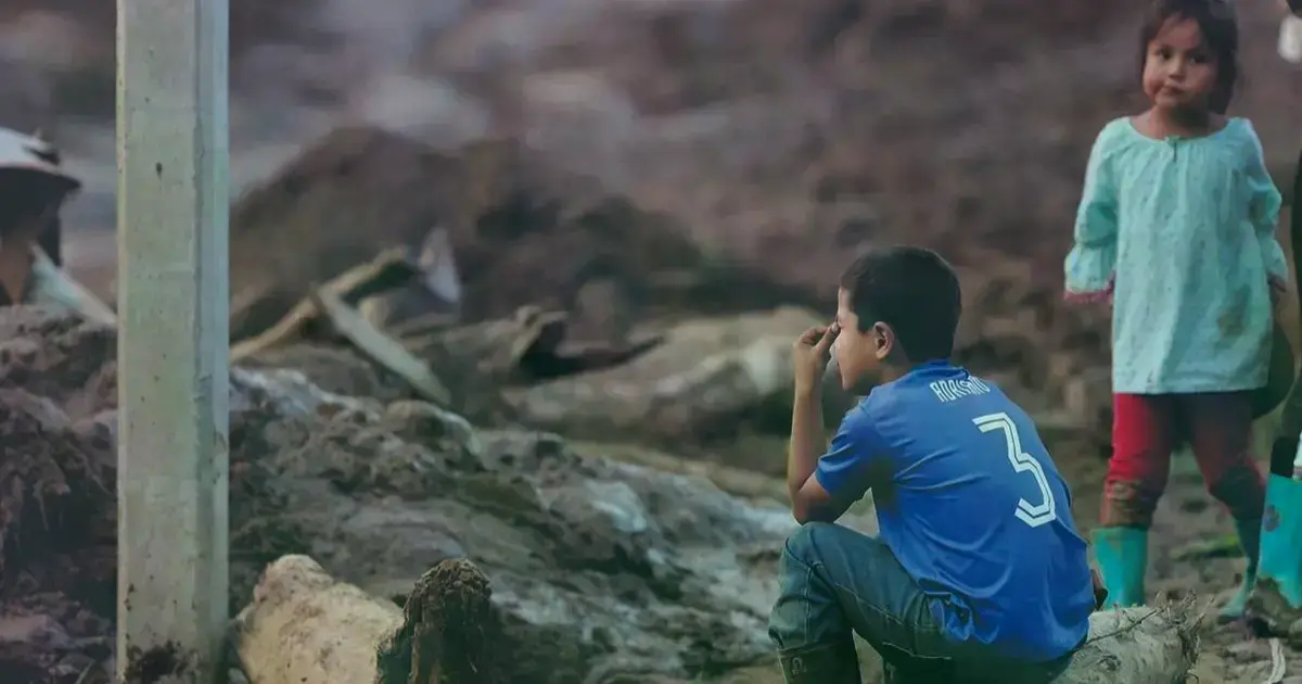 Estos pequeños descansan sobre los árboles que arrastró la corriente en Achira