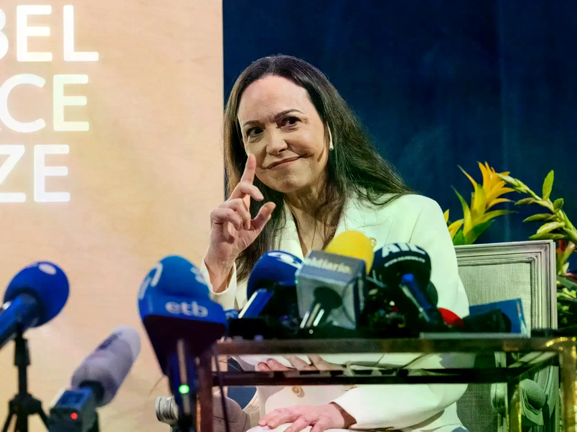 María Corina Machado, ganadora del Premio Nobel de la Paz 2025, durante una conferencia de prensa en Oslo, Noruega.