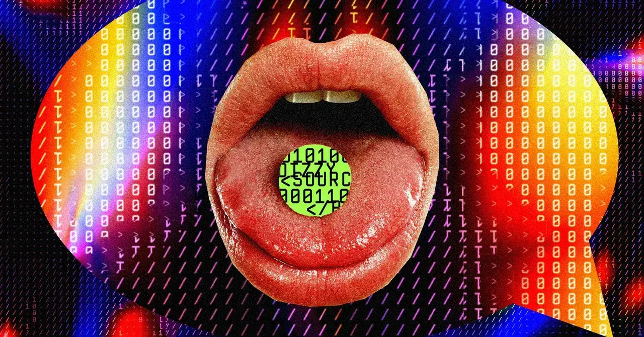 Ilustración conceptual de un chatbot bajo la influencia de código que simula drogas.