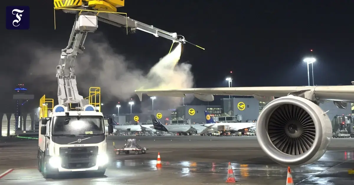 Un vehículo especializado para descongelar aviones, conocido como "elefante", en acción.