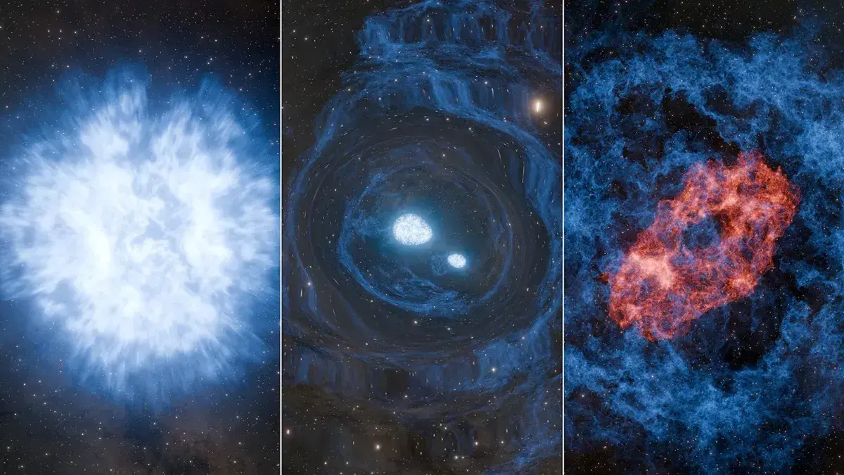 Concepto artístico de una superkilonova mostrando una supernova, dos estrellas de neutrones y su fusión final.