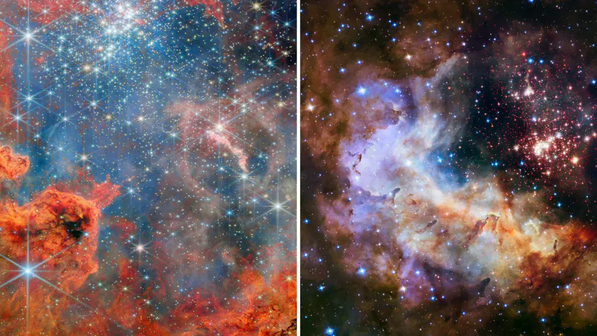 Comparación de las vistas del cúmulo estelar Westerlund 2 por los telescopios Hubble y James Webb.