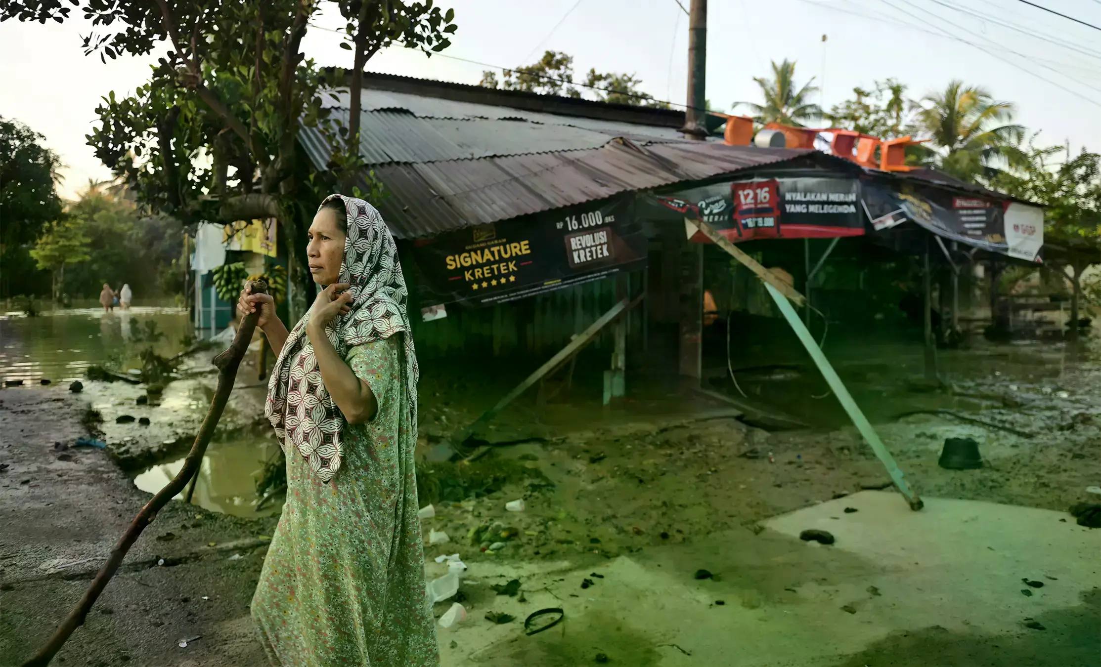Hombre sobre troncos arrastrados por una inundación en Batang Toru, Sumatra.