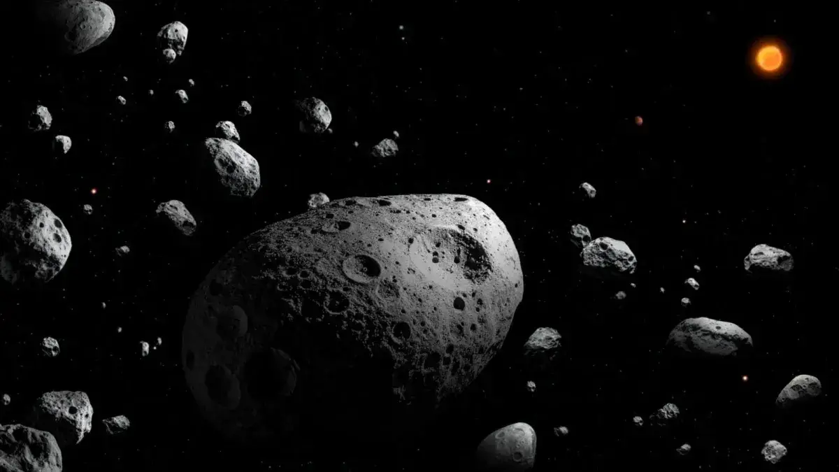 Ilustración artística del asteroide 2025 MN45 en el cinturón principal.