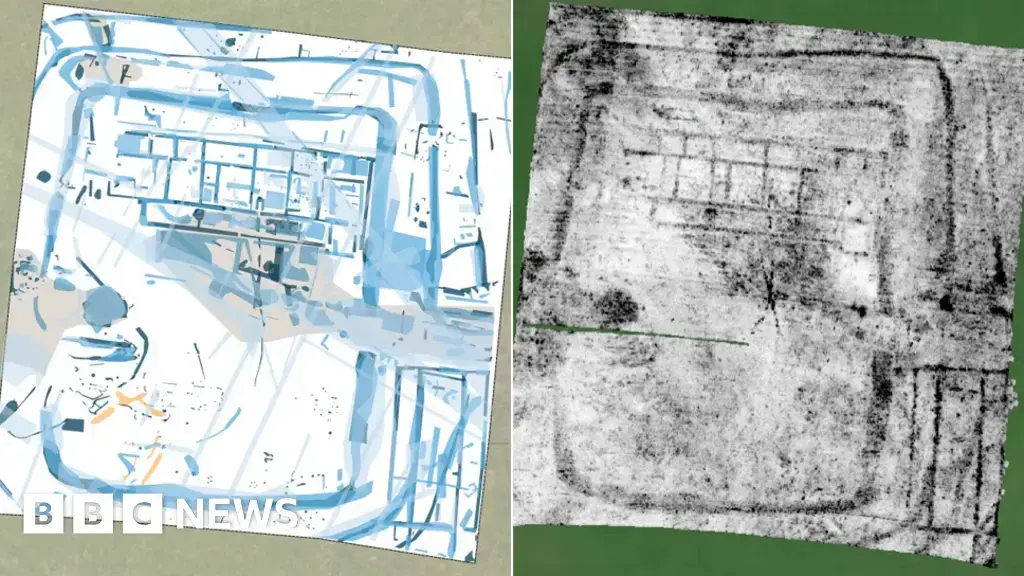 Imagen de los escaneos geofísicos que revelan la planta de la villa romana y estructuras anexas.