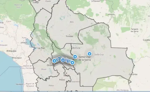 Mapa de transitabilidad de la ABC; los puntos azules representan bloqueos.