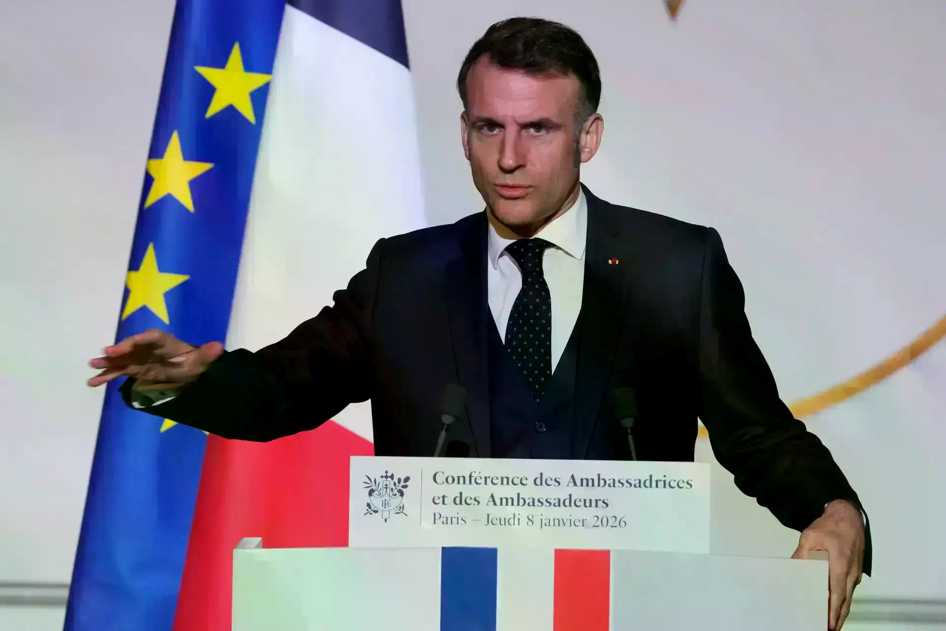 Emmanuel Macron durante un discurso oficial.