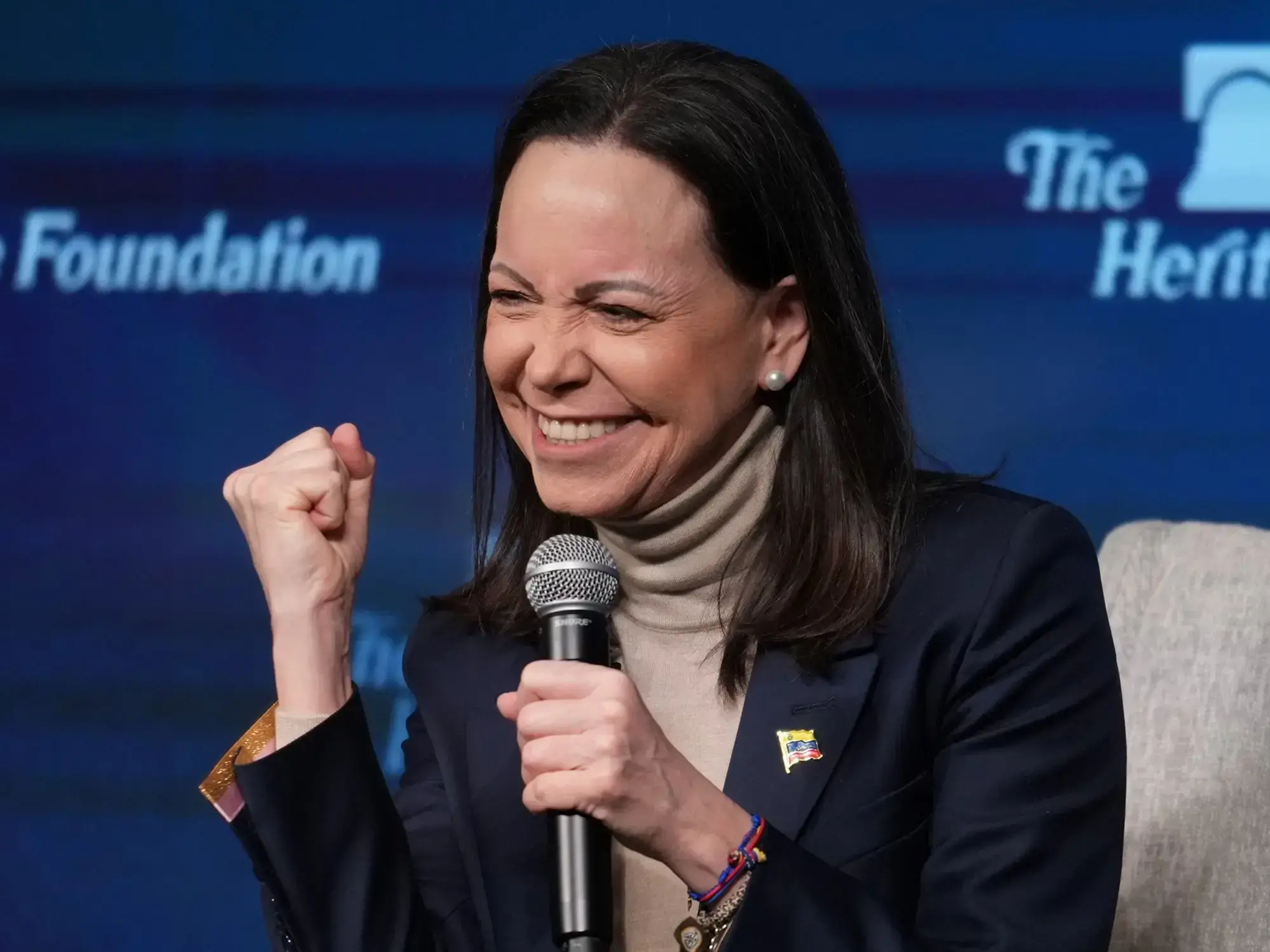 María Corina Machado, ante la prensa en la Heritage Foundation en Washington.