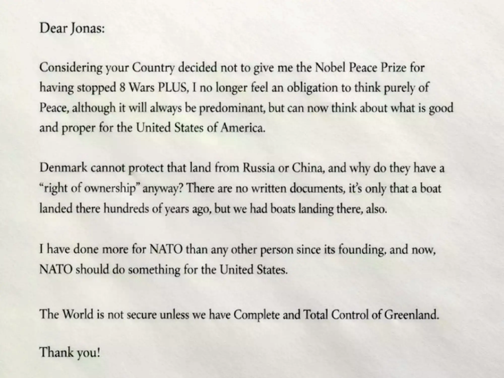 La carta que Donald Trump le envió al primer ministro de Noruega.