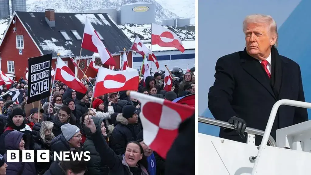 Manifestantes protestan frente al consulado de EE.UU. en Nuuk, Groenlandia.
