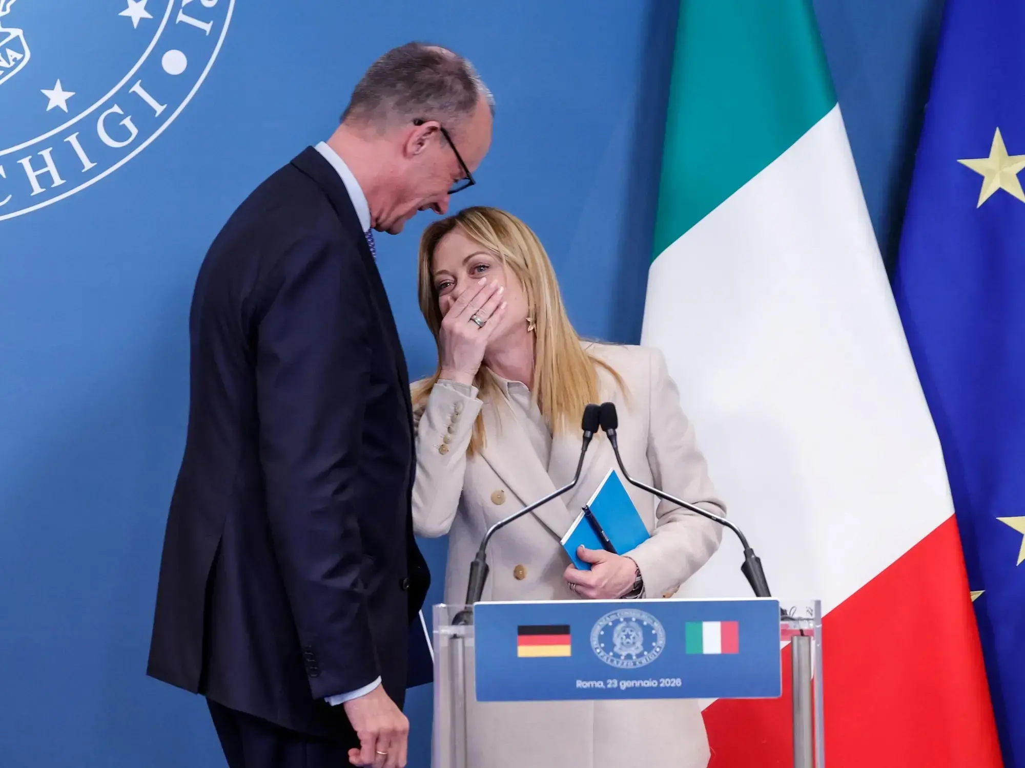 La primera ministra de Italia, Giorgia Meloni, y el canciller alemán Friedrich Merz, en su encuentro en Roma.