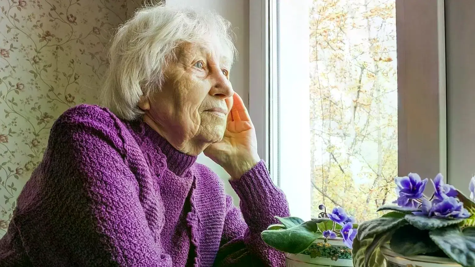Una mujer mayor mira por la ventana.