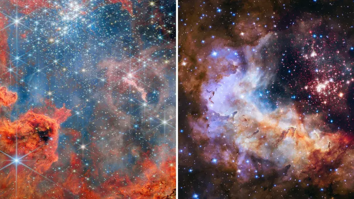 Comparación de las vistas de Westerlund 2 por los telescopios Hubble (2015) y James Webb (2023/2025).