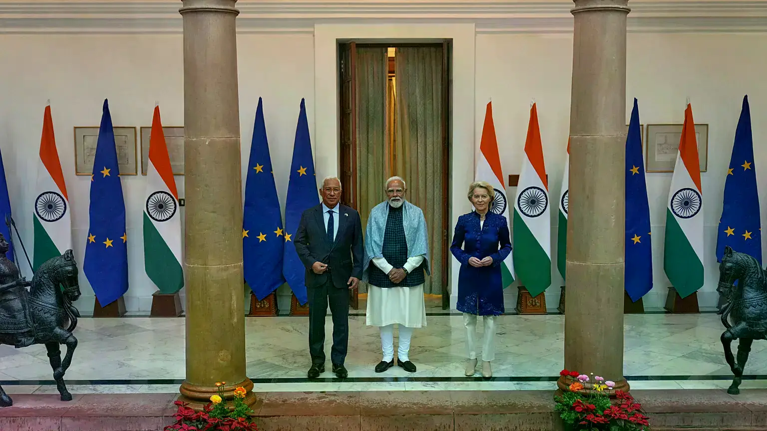 El primer ministro indio Narendra Modi se reúne en Nueva Delhi con Antonio Costa y Ursula von der Leyen.