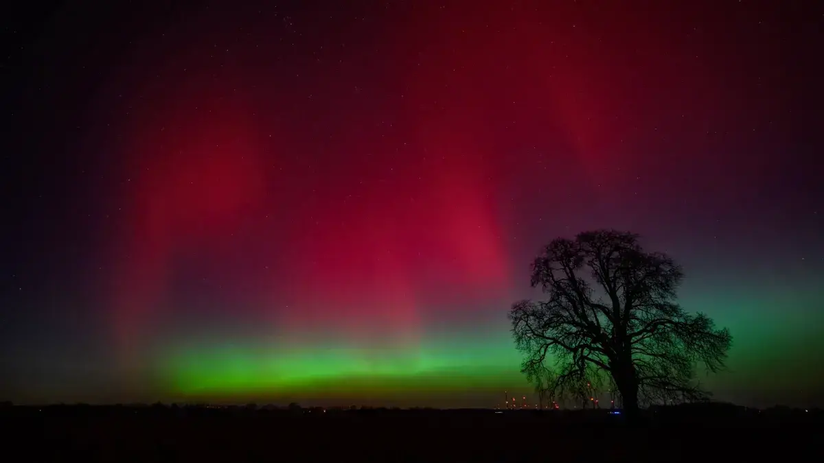 Northern lights shine in the night sky over the landscape in northeastern Germany on January 19, 2026.