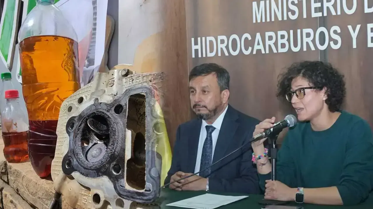 El ministro de Hidrocarburos y Energías, Mauricio Medinaceli, y la directora de la ANH, Margot Ayala, explican el problema de