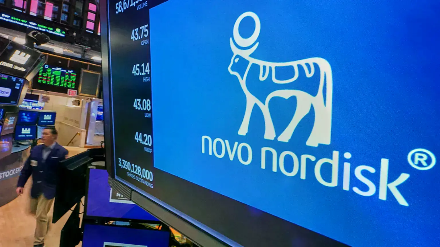 El logotipo de Novo Nordisk en un puesto de negociación de la Bolsa de Nueva York.