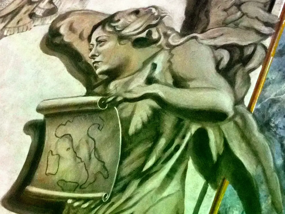 Detalle del fresco con la imagen de Giorgia Meloni en la Basílica de San Lorenzo en Lucina, antes de ser borrada.