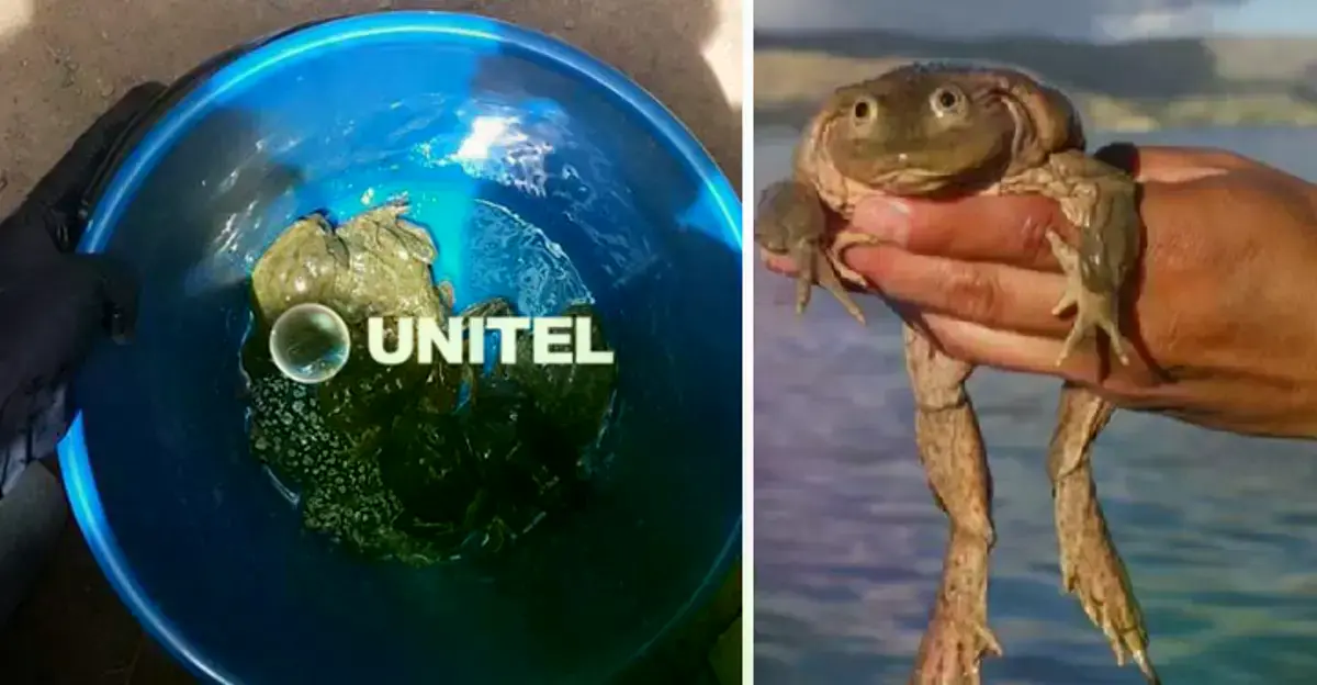 Parte de las ranas fueron halladas en un balde de plástico (izq.). A la derecha, un ejemplar propio de la zona del Titicaca.