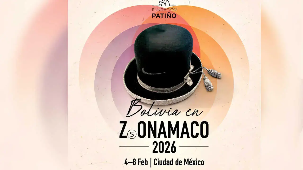 Afiche del conversatorio 'Una joya en el sombrero: Arte, mestizaje y futuro en el arte boliviano contemporáneo'.