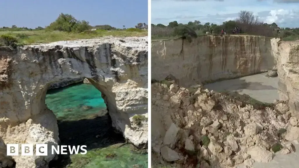 Los restos del arco natural conocido como 'Arco de los Amantes' tras su colapso.