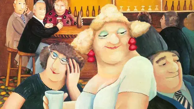 Obra característica de Beryl Cook mostrando a personas disfrutando en un pub.
