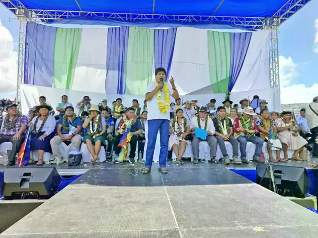 Morales durante su discurso en el estadio Hugo Chávez.