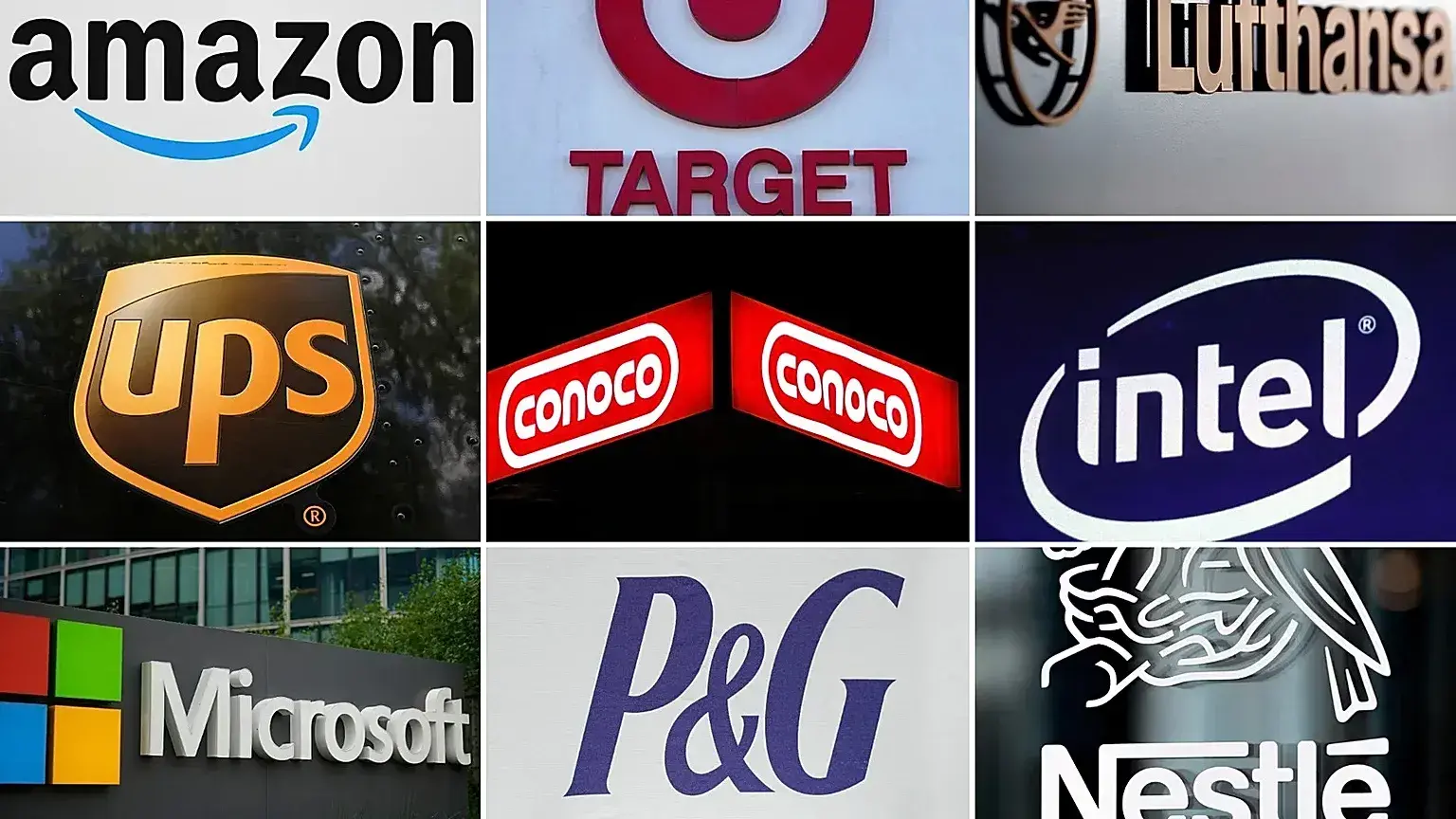 Montaje con logotipos de empresas multinacionales como Amazon, Microsoft e Intel.