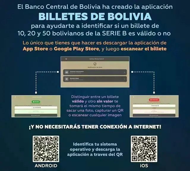 Aplicación del Banco Central de Bolivia para verificar billetes.
