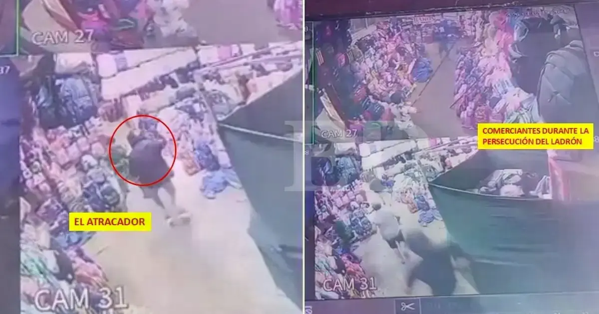 Atracador con casco de motocicleta huye por los pasillos del mercado.