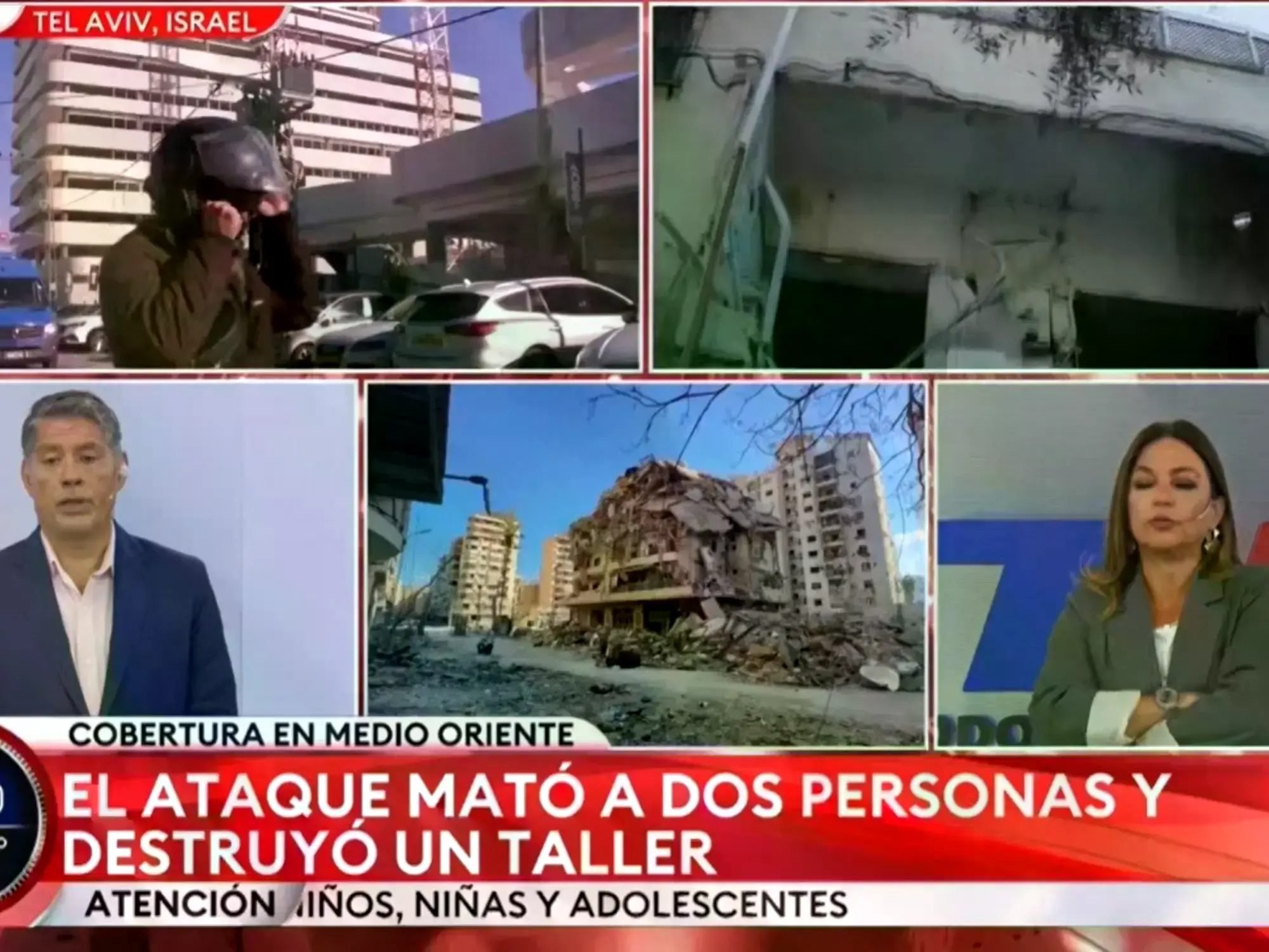 Un hombre con casco toma del brazo a Nelson Castro durante una transmisión en vivo.