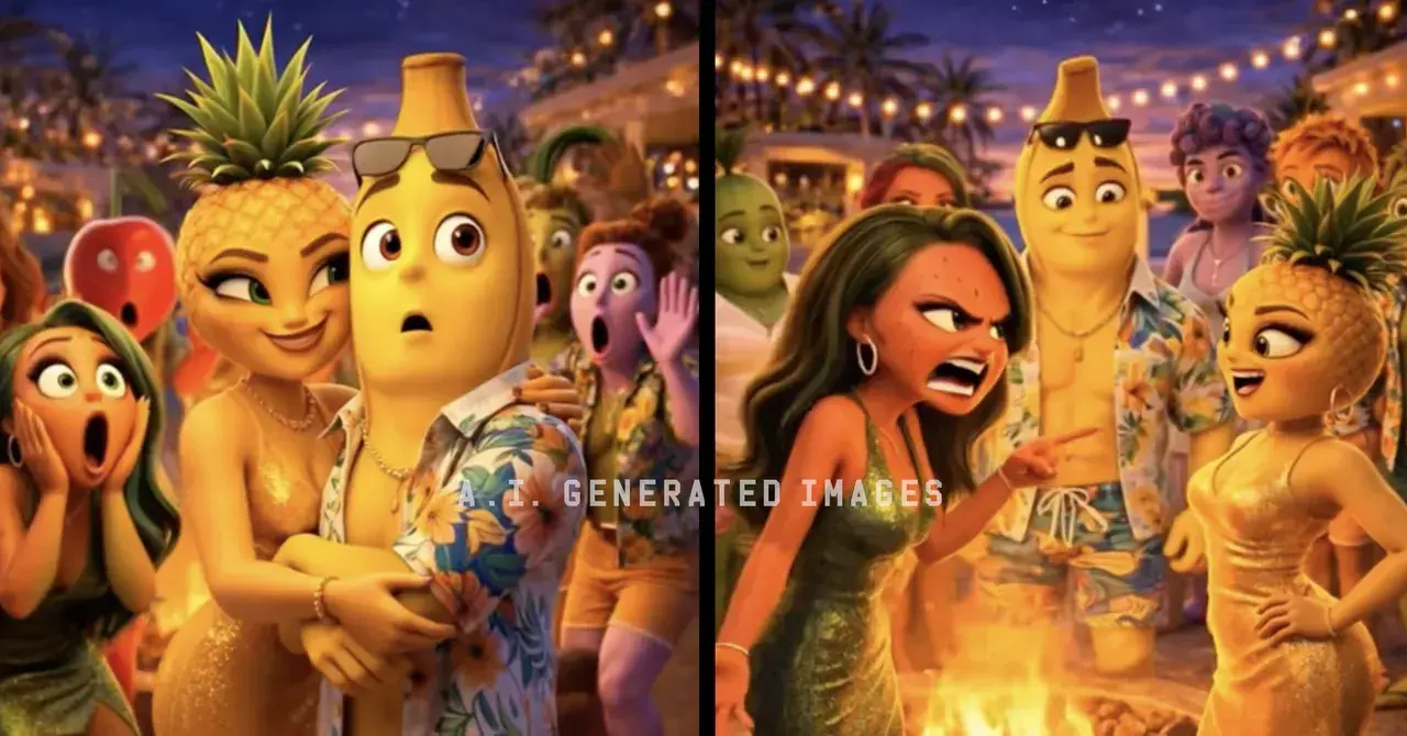 Ilustración de frutas antropomórficas generadas por IA.