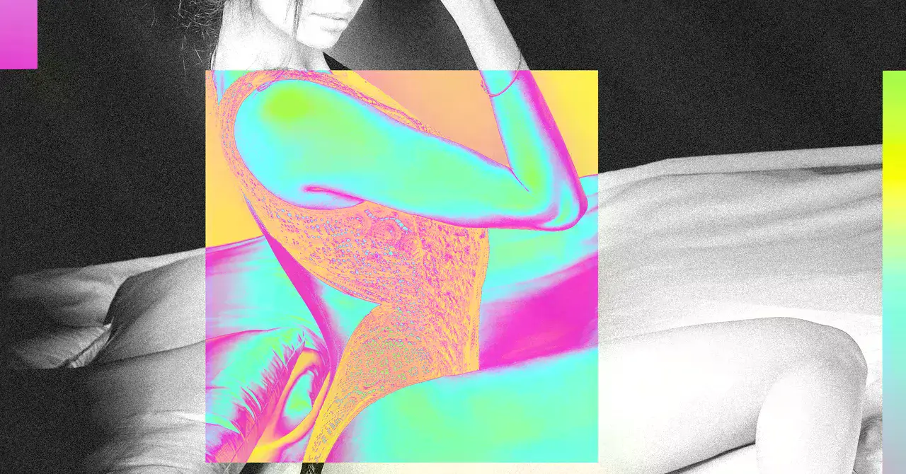 Ilustración de una creadora de contenido adulto y su doble digital de IA.