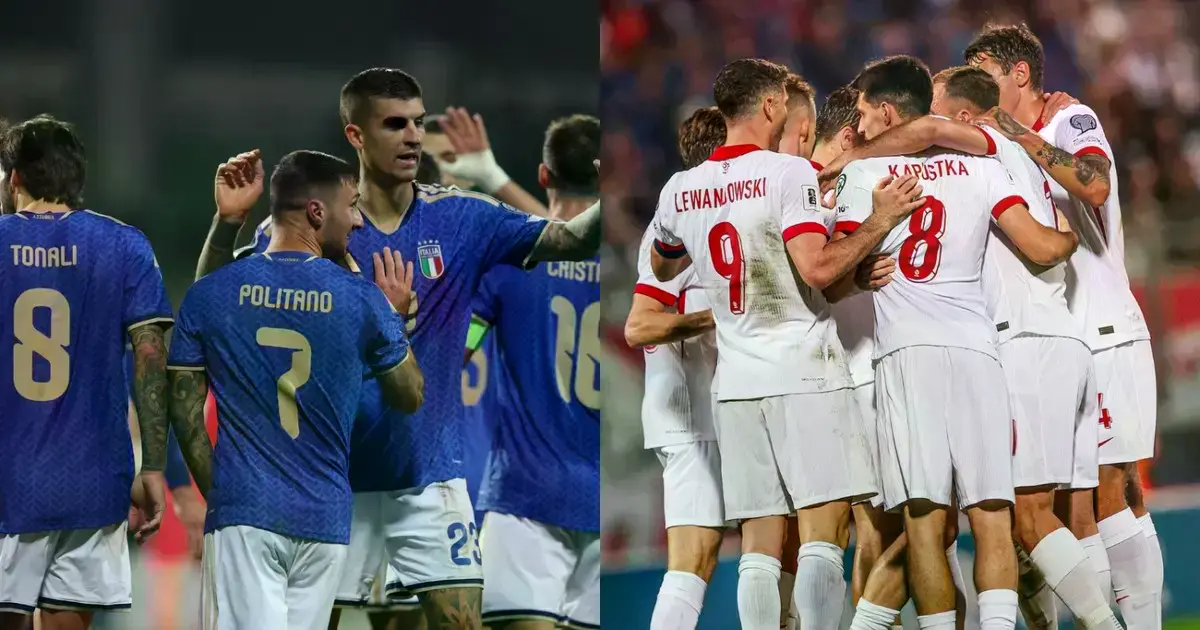 Selección italiana (izq.) y el combinado polaco (der.) celebrando goles.