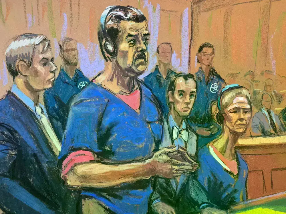 Caricatura de Maduro y su esposa, Cilia Flores, asistiendo a su audiencia en Nueva York.