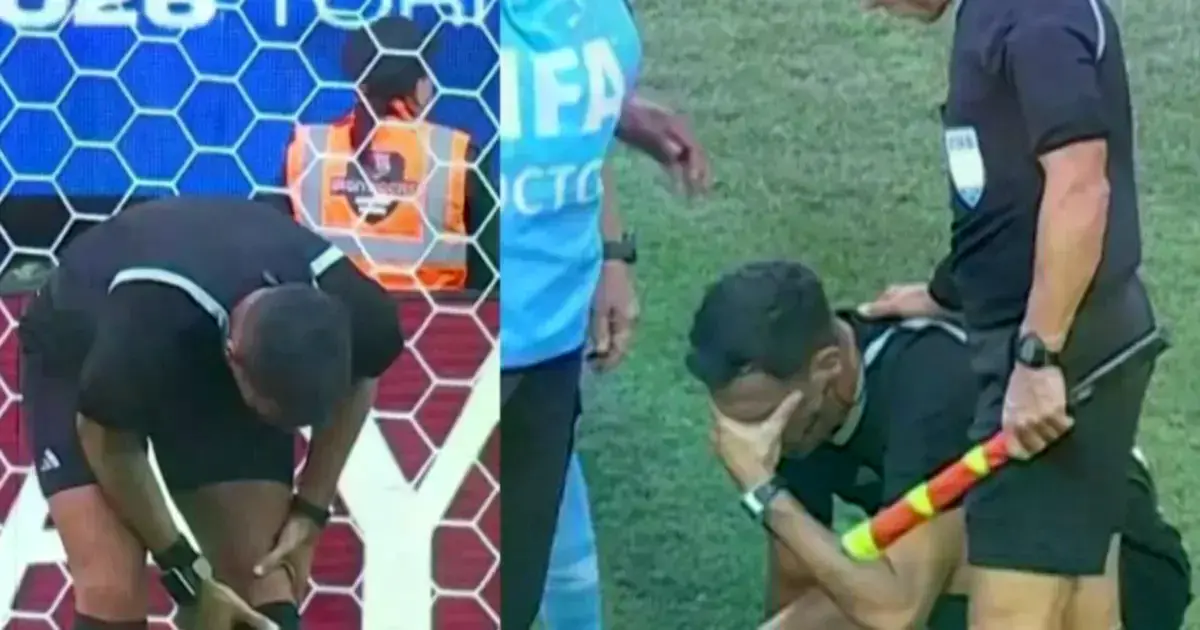 Momento donde el árbitro central Facundo Tello sale lesionado.