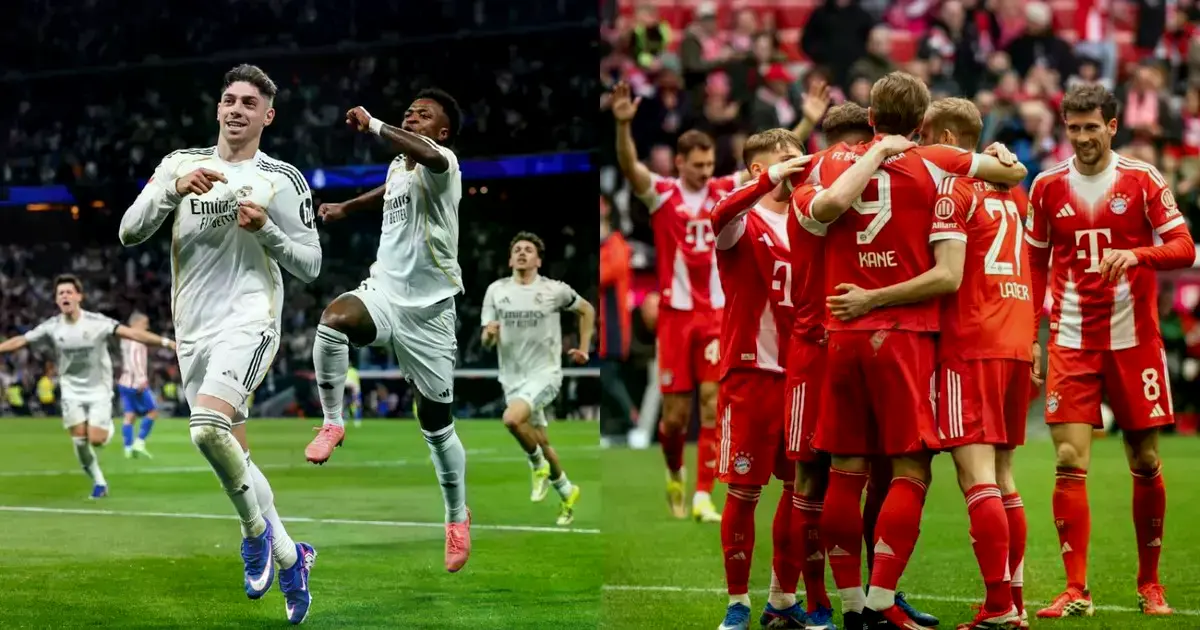 Fede Valverde celebrando un gol (izq.) y Harry Kane festejando con sus compañeros (der.)