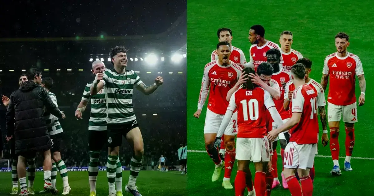 Sporting celebrando la remontada al Bodo/Glimt (izq.) y los Gunners celebrando un gol (der.)