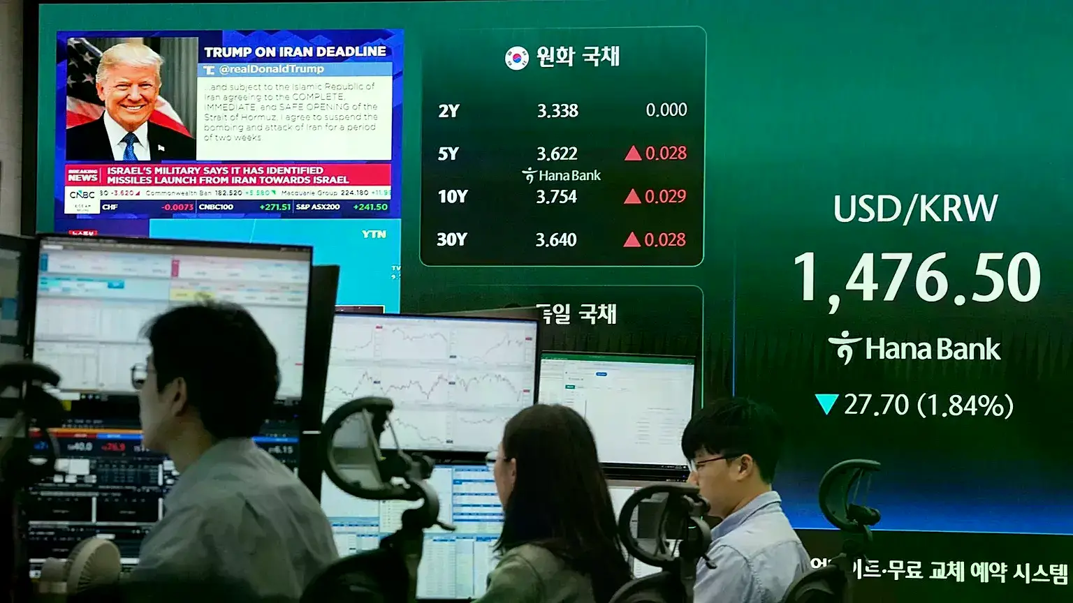 El presidente de EE.UU. Donald Trump aparece en una pantalla mientras operadores trabajan en la sala de divisas de la sede de